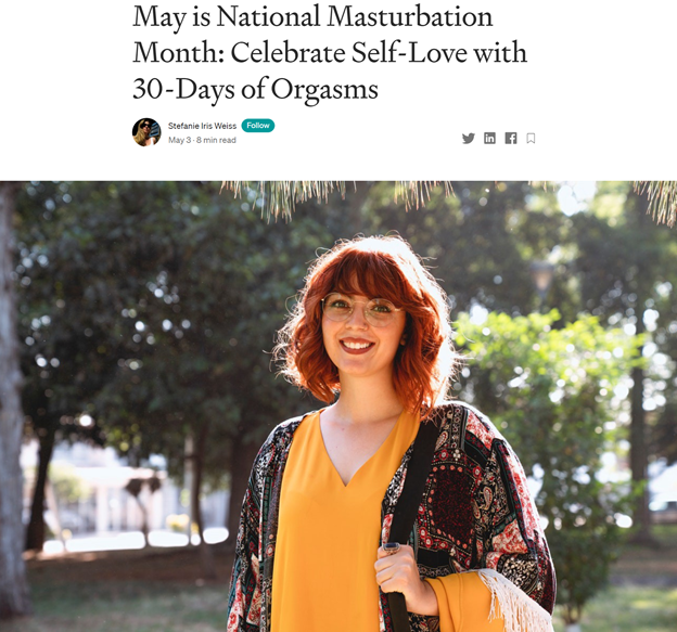 Woman smiling in celebration of National Masturbation Month.